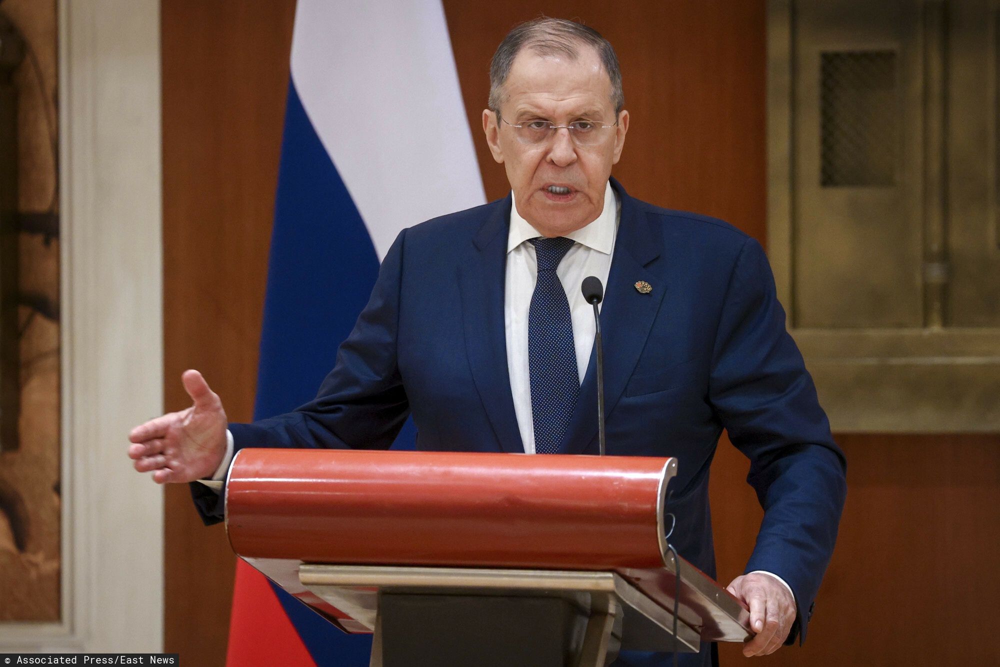 Siergiej ?awrow na spotkaniu ministr�w G20
In this handout photo released by Russian Foreign Ministry Press Service, Russian Foreign Minister Sergey Lavrov gestures while speaking to the media after the G20 foreign minister's meeting in New Delhi, India, Thursday, March 2, 2023. (Russian Foreign Ministry Press Service via AP)