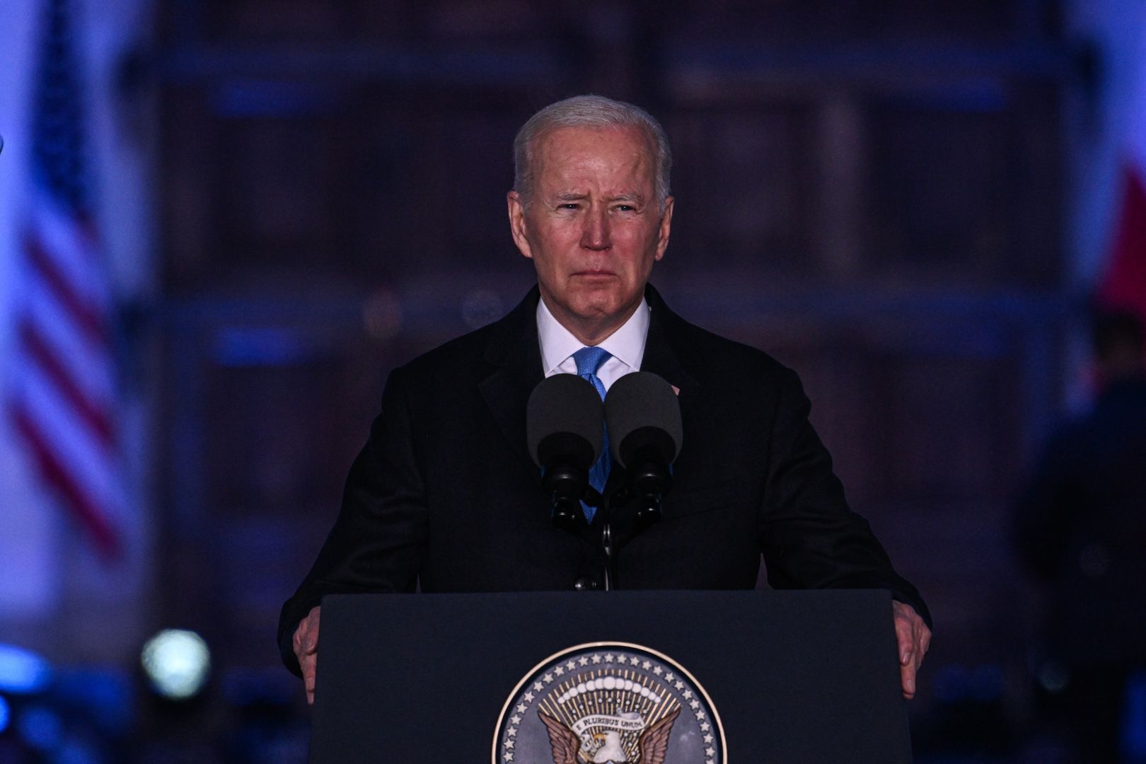 WARSAW, POLAND - MARCH 26 : US President Joe Biden delivers a speech at the Courtyard of the Royal Castle during his visit in Warsaw, Poland on March 26, 2022. (Photo by Stringer/Anadolu Agency via Getty Images)