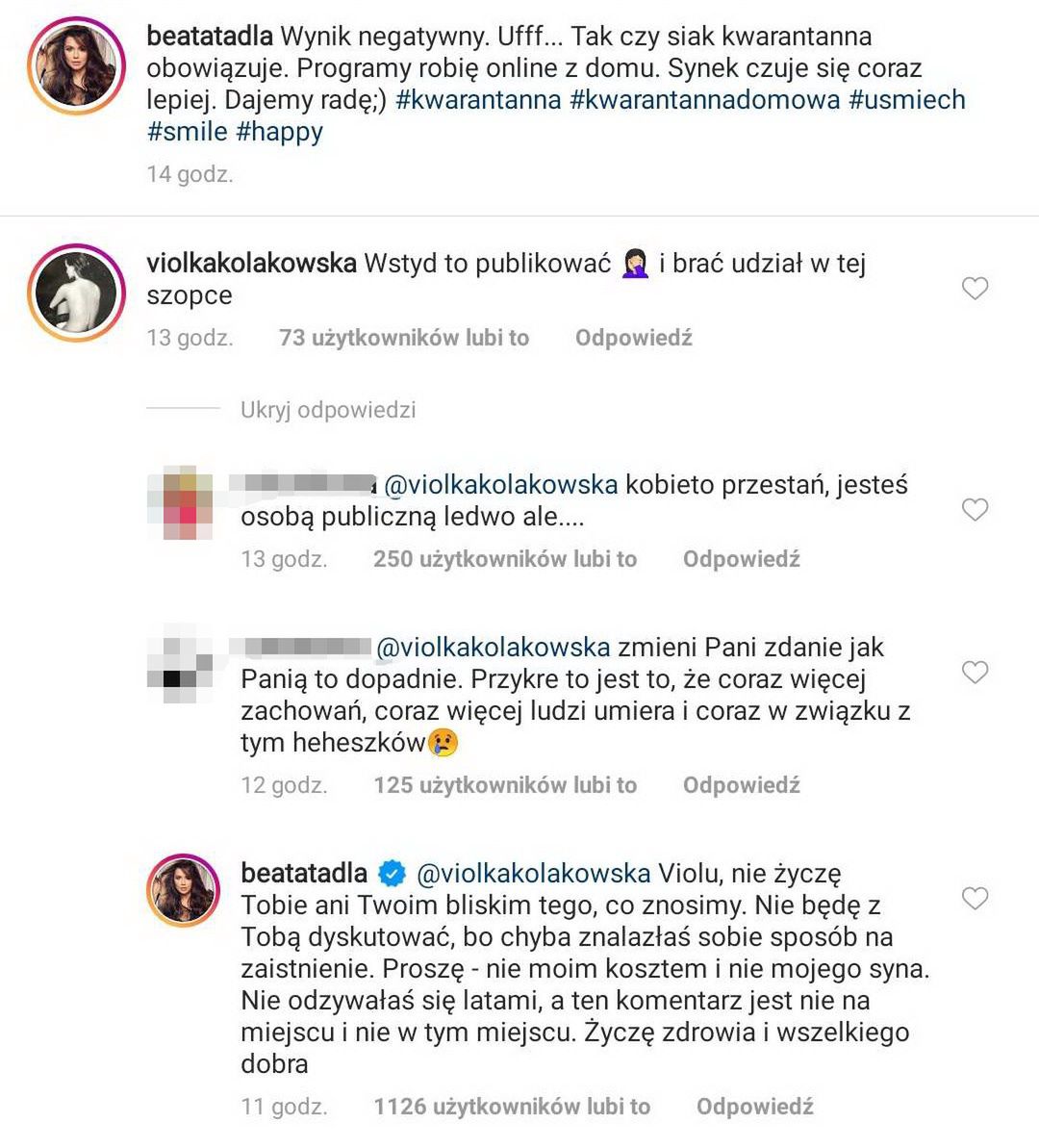 Komentarze pod postem Beaty Tadli