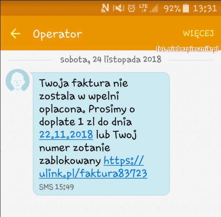 Treść SMS-a od oszustów, źródło: Niebezpiecznik.