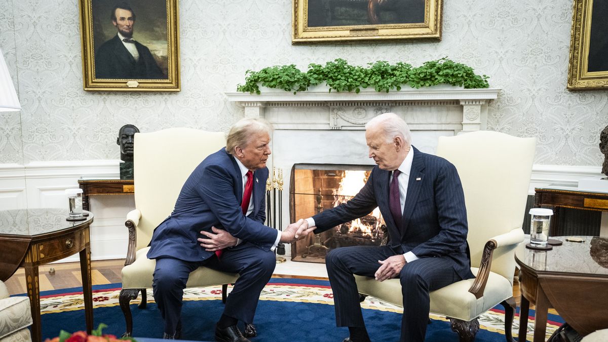Washington, DC - November 13 : President Joe Biden shakes hands with President-elect Donald Trump during a meeting in the Oval Office at the White House in Washington, DC on Wednesday, Nov. 13, 2024. (Photo by Jabin Botsford/The Washington Post via Getty Images)
