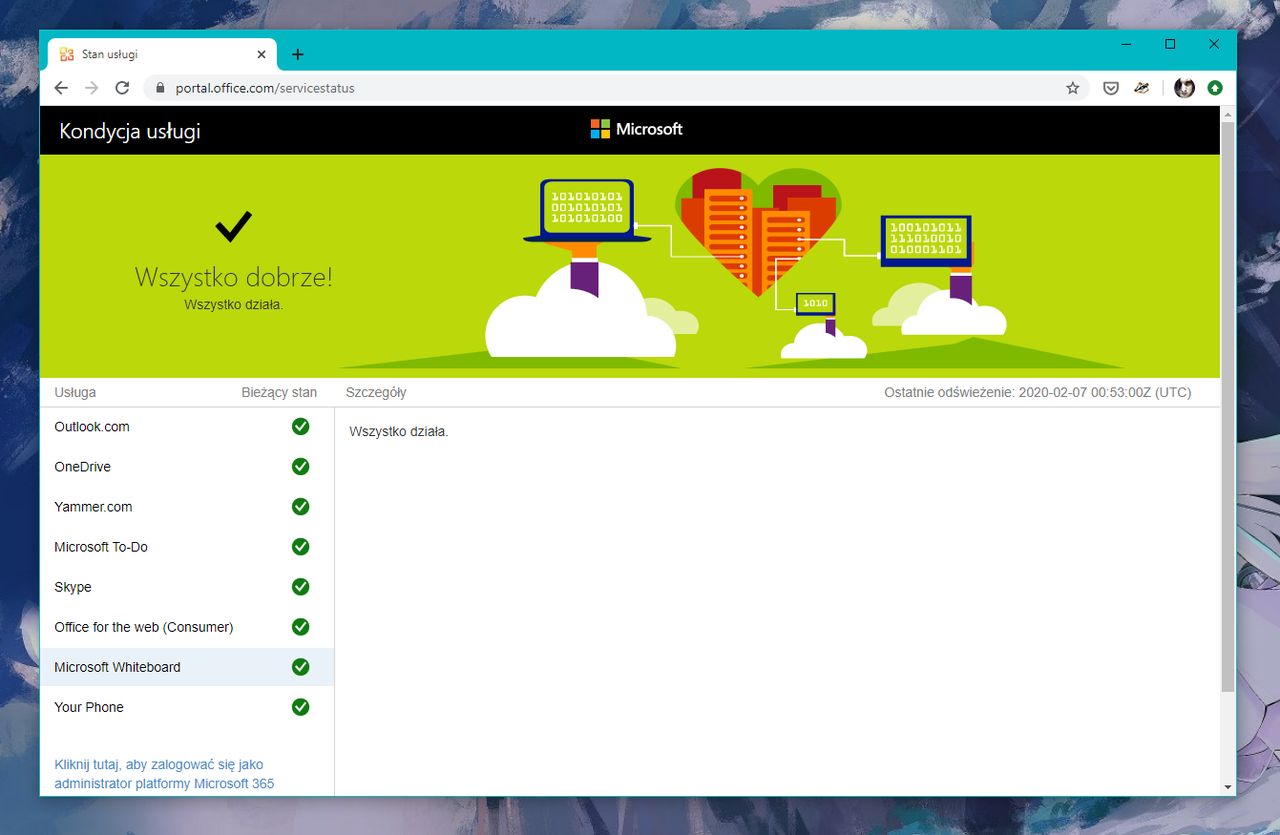 Portal stanu usługi Office 365. Z ikoną z 2010 roku, aby nie było zbyt profesjonalnie.