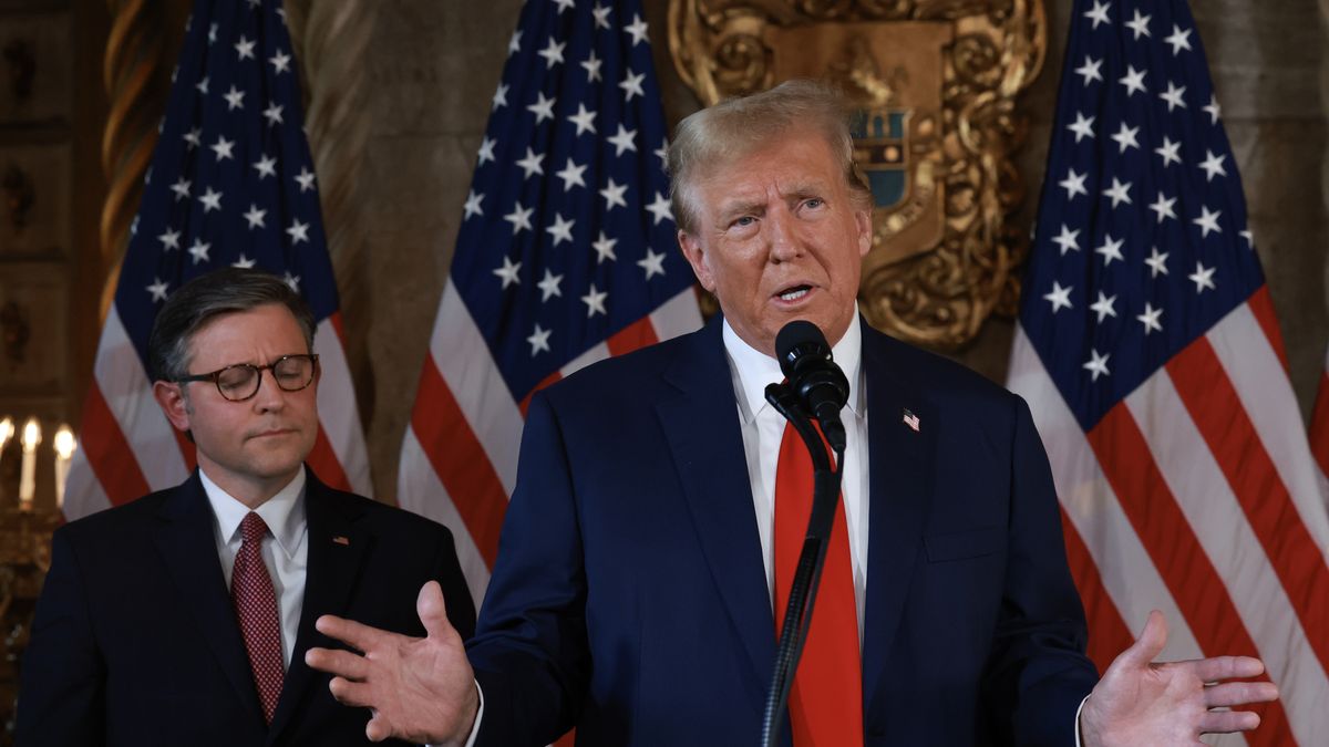 PALM BEACH, FLORIDA - APRIL 12: Republican presidential candidate former President Donald Trump and Speaker of the House Mike Johnson (R-LA) hold a press conference at Mr. Trump's Mar-a-Lago estate on April 12, 2024, in Palm Beach, Florida. They spoke about  "election integrity," which has been one of the former president's top issues.  (Photo by Joe Raedle/Getty Images)