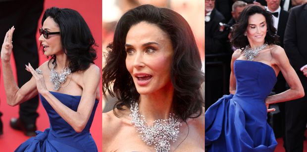 Niepokojąco szczupła Demi Moore kontynuuje podbój Cannes. Tym razem zachwyciła w królewskim błękicie. Klasa? (ZDJĘCIA)