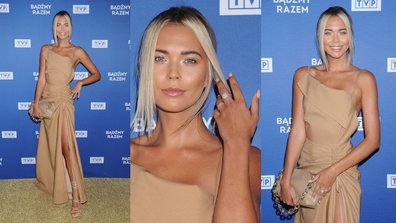 Sandra Kubicka wymachuje diamentowym pierścionkiem na ściance TVP