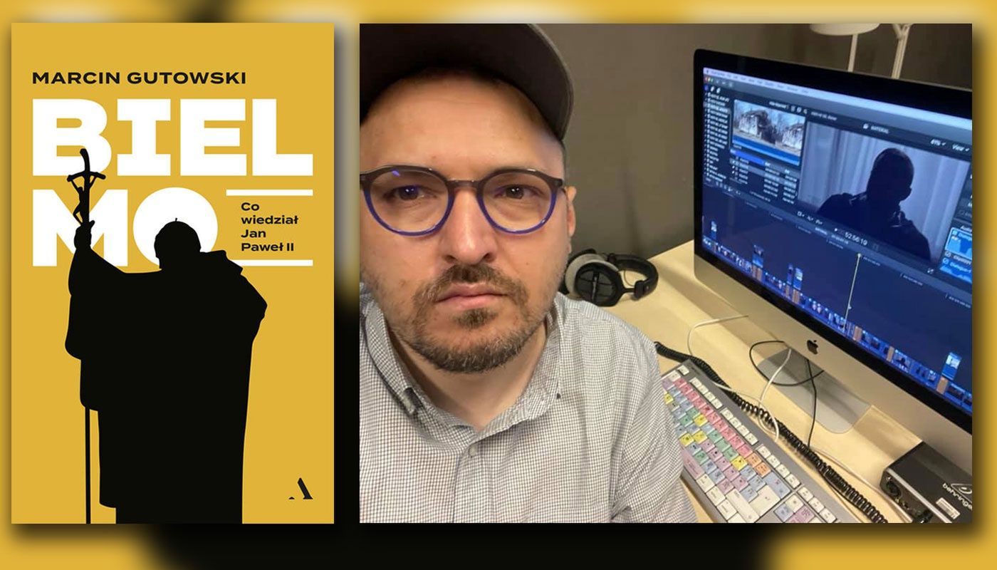 Okładka książki "Bielmo" oraz jej autor, Marcin Gutowski, w redakcji TVN24