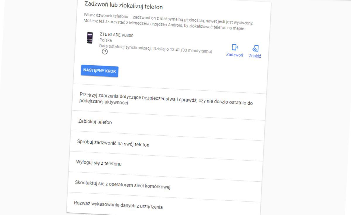 Zakładka "Znajdź telefon" w ustawieniach konta Google