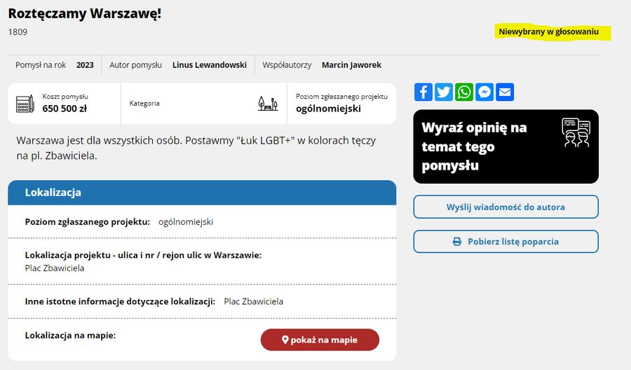 Projekt postawienia tęczy na pl. Zbawiciela