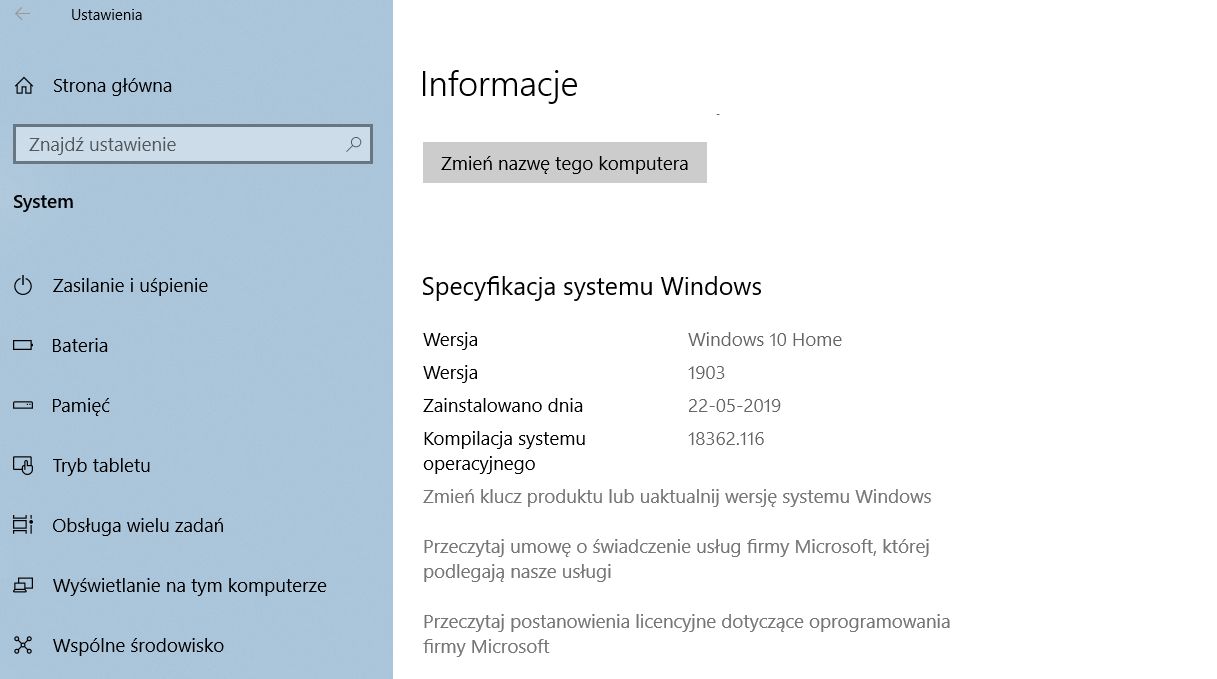 Windows 10 1903 po instalacji.