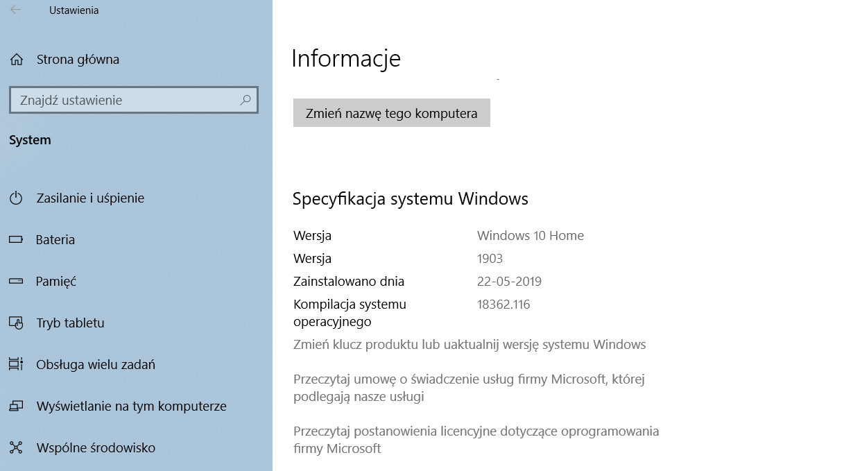 Windows 10 1903 po instalacji.