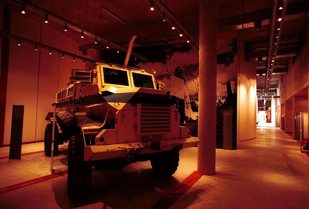 Apartheid Museum in South Africa399143 12: A police Casspir vehicle is on display at the newly opened Apartheid museum December 19, 2001 in Johannesburg, South Africa. The Casspir is bullet proof and was used in the townships during the Apartheid years. The museum covers a part of South African history and is located next to Gold Reef City, a casino and an entertainment area. (Photo by Per-Anders Pettersson/Getty Images)Per-Anders PetterssonApartheid bullet proof Casspir vehicle History Johannesburg Muse