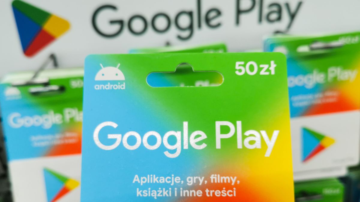 Google Play gift cards are seen in a store in Krakow, Poland on October 4, 2023. (Photo by Beata Zawrzel/NurPhoto via Getty Images)