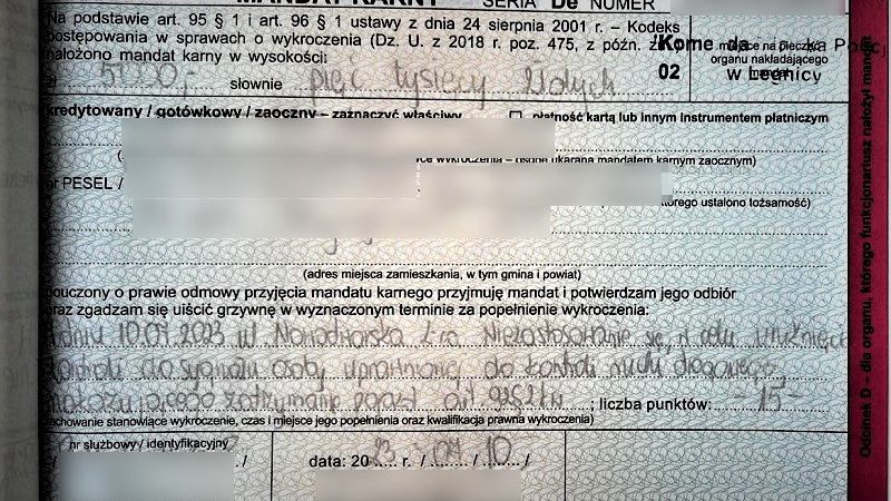 Kierowca został ukarany surowym mandatem