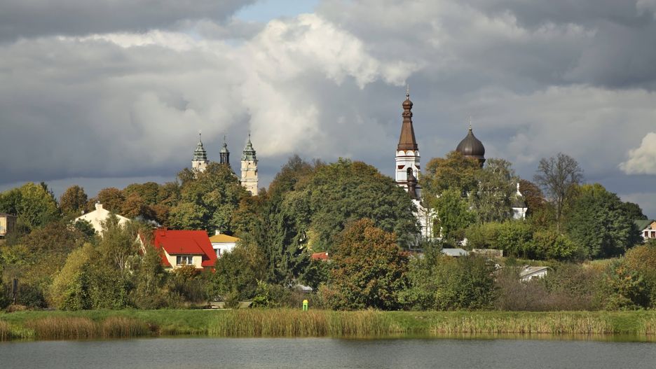 wlodawa, church, temple, architecture, facade, building, belfry, bell, tower, landmark, showplace, cupola, panorama, panoramic, view, clouds, lake, pond, autumn, tree, sedge, cane, landscape, paysage, nature, scenery, scene, lublin, voivodeship, polish, polska, poland, tourist, attraction, attractions, landmarks, exterior, historic, historical, old