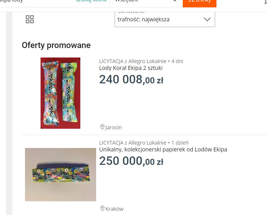 Licytacje papierków po lodach Ekipy