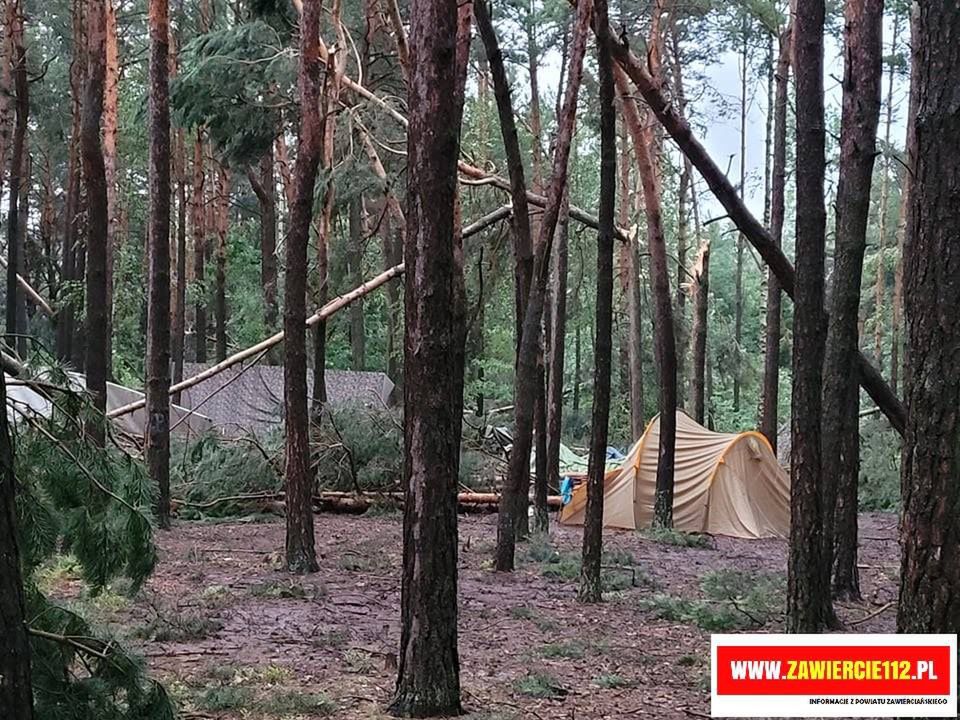 Połamane gałęzie i przewrócone drzewa na terenie obozu w Kostkowicach