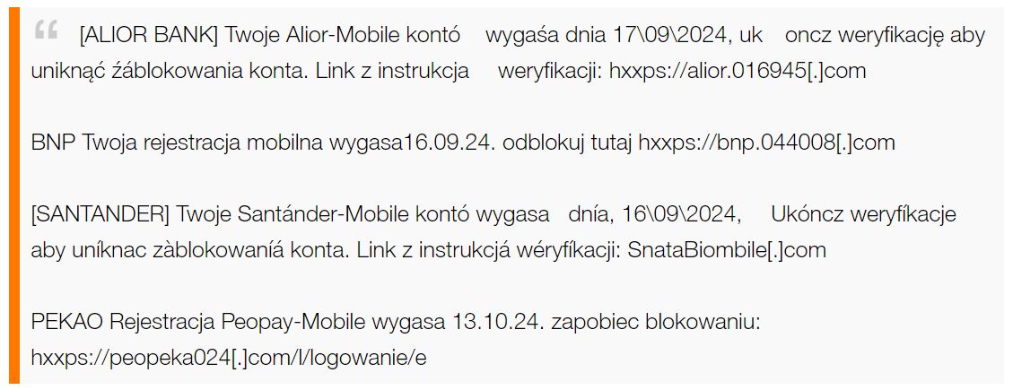 Przykładowe fałszywe SMS-y "od banków"