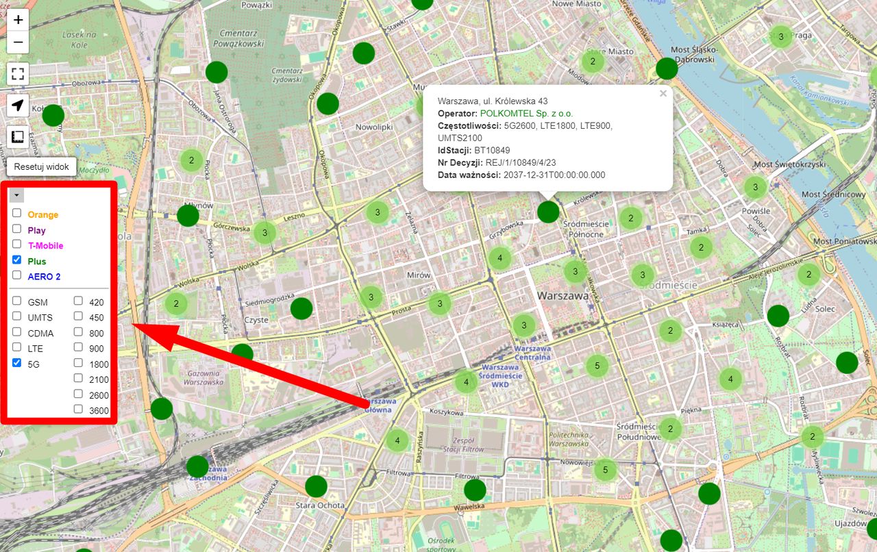 Mapa stacjebazowe.pl - przykładowe filtrowanie danych