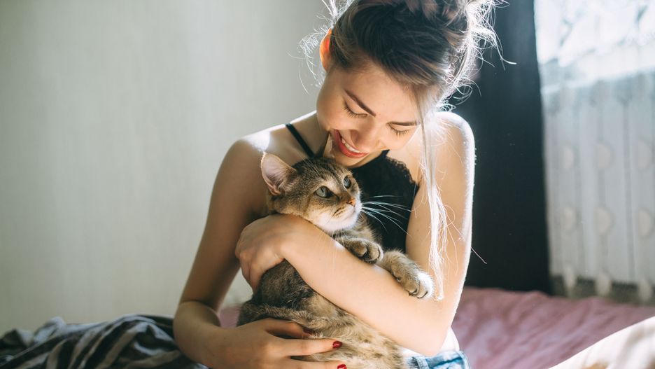 smile, cat, girl, woman, person, morning, animal, love, laughter, sun, room, light, window, bed, mood, emotion, hands