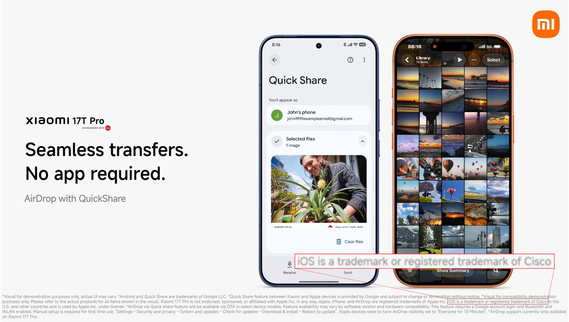 Reklama obsługi AirDropa w Xiaomi 17T Pro