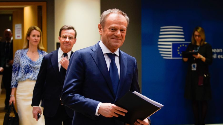Donald Tusk, Poland's prime minister, arrives at the European Union (EU) Council summit in Brussels, Belgium, on Friday, March 22, 2024. European Union leaders are gathering for the two-day summit with the wars in Ukraine and Gaza front and center. Photographer: Simon Wohlfahrt/Bloomberg via Getty Images