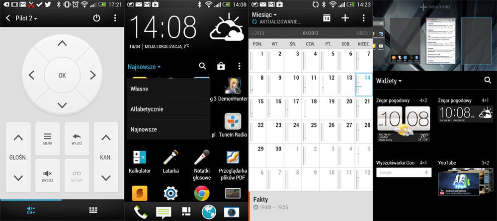 Zrzuty ekranu. Od lewej: pilot TV, sortowanie ikon aplikacji, kalendarz, menu widżetów