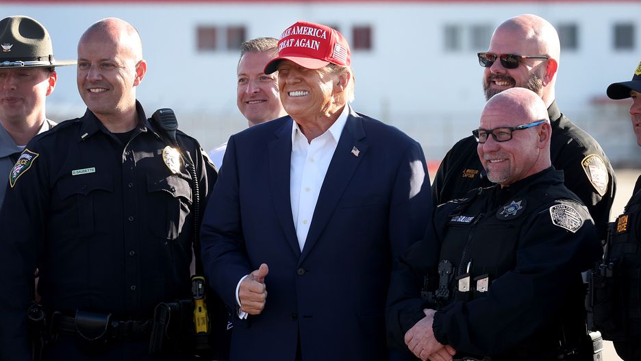 VANDALIA, OHIO - MARCH 16: Republican presidential candidate former President Donald Trump  greets law enforcement officers following a rally at the Dayton International Airport on March 16, 2024 in Vandalia, Ohio.  The rally was hosted by the Buckeye Values PAC. (Photo by Scott Olson/Getty Images)