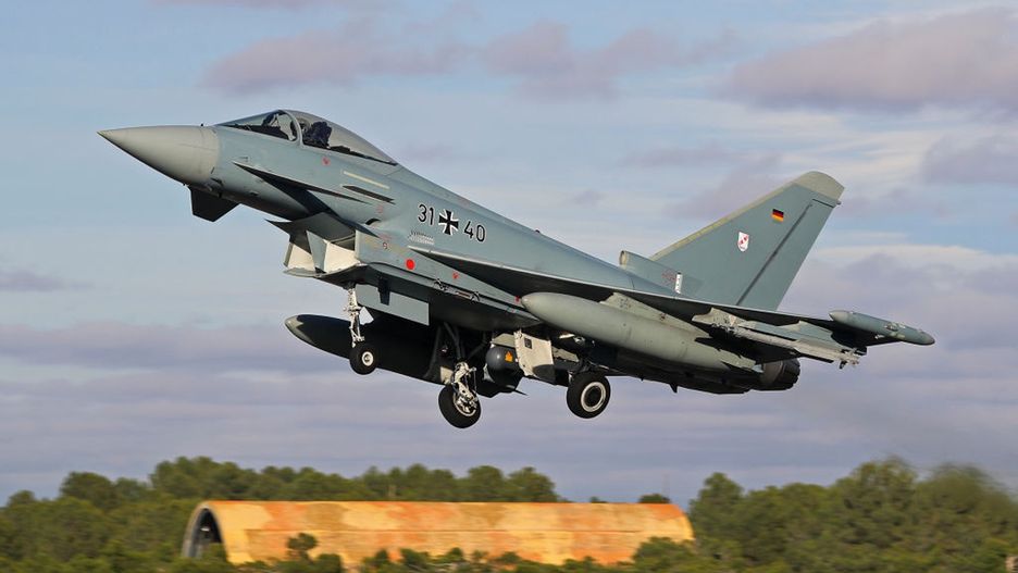 Tactical Leadership Programme Albacete
The Eurofighter EF-2000 Typhoon of the Luftwaffe (German Air Force) takes off from Los Llanos military air base during the Tactical Leadership Programme in Albacete, Spain, on November 21, 2024. (Photo by Joan Valls/Urbanandsport /NurPhoto via Getty Images)
NurPhoto
aerial maneuvers, aircraft photography, german air force, aircraft, albacete, military aircraft, leadership training, los llanos miitary air base, pilot training, los llanos, luftwaffe, european fighter, training program, defense, ef-2000, otan, aeronautics, 31-51, fighter jet, takeoff, november 21, joan valls, tlp, military aviation., nurphoto, military air base, aviation, eurofighter, fighter aircraft, urbanandsport, tactical leadership programme, albacete airport los llanos, air base, international cooperation, eurofighter typhoon ef2000