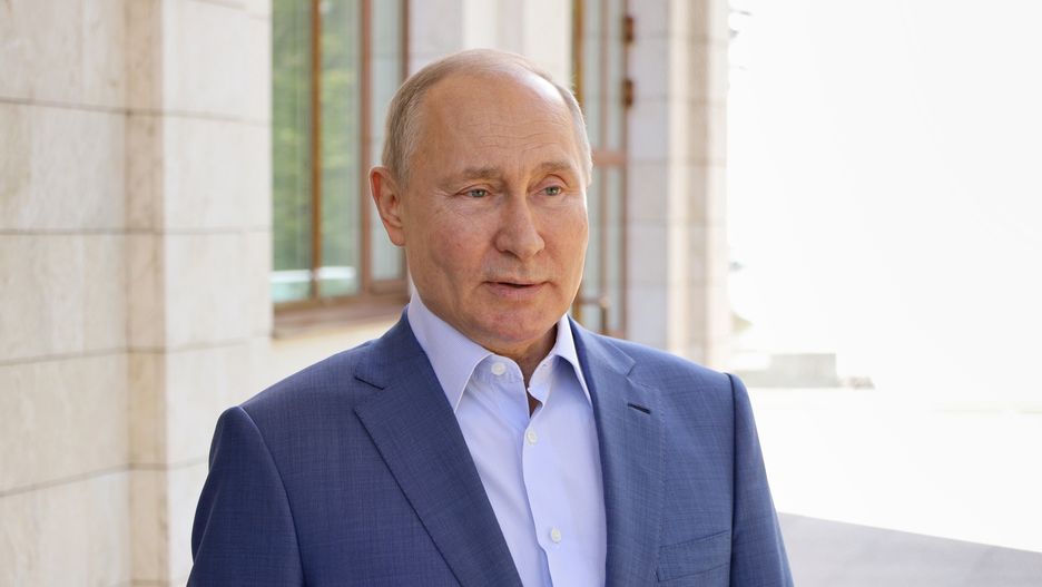 SOCHI, RUSSIA - MAY 10, 2021: Russia's President Vladimir Putin answers a question on COVID-19 vaccination after a meeting with IIHF (International Ice Hockey Federation) President Rene Fasel at his Bocharov Ruchei residence. Mikhail Klimentyev/Russian Presidential Press and Information Office/TASS (Photo by Mikhail Klimentyev\TASS via Getty Images)