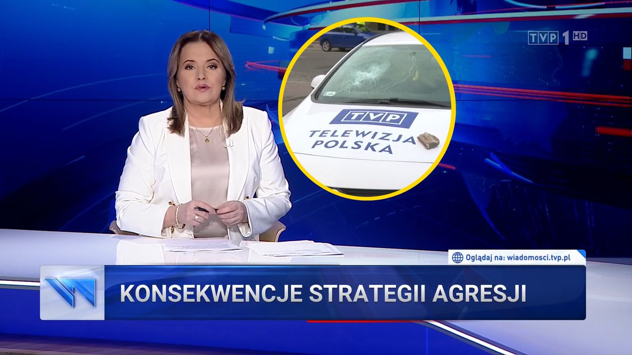 Kamień trafił w auto TVP. "Wiadomości" wskazały kolejnego wroga