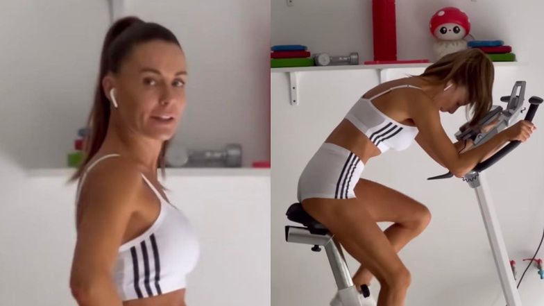 Małgorzata Rozenek trenuje na rowerku stacjonarnym 