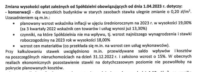 Fragment uzasadnienia podwyżek opłat w Spółdzielni Mieszkalno-Budowlanej "Imielin" w Warszawie
