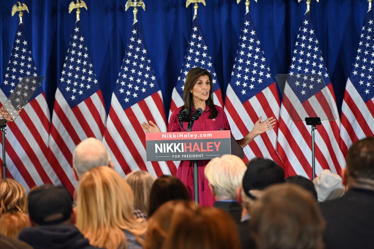WEST DES MOINES, IOWA, UNITED STATES - JANUARY 15: Nikki Haley Delivers remarks during 2024 Republican Iowa Caucus watch party at Nikki Campaign Headquarters in West Des Moines, Iowa, United States on January 15, 2024. Nikki Haley finished in third place in the 2024 Republican Iowa Caucuses. (Photo by Kyle Mazza/Anadolu via Getty Images)