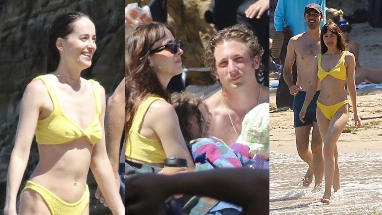 Dakota Johnson paraduje w żółtym BIKINI po plaży w Malibu. Był z nią Jeremy Allen White z córkami oraz inny aktor (ZDJĘCIA)