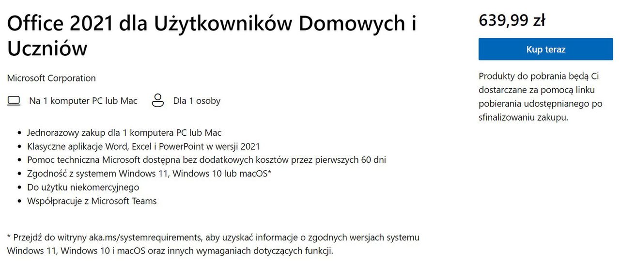 Warunki korzystania z Office'a 2021 dla użytkowników domowych i uczniów