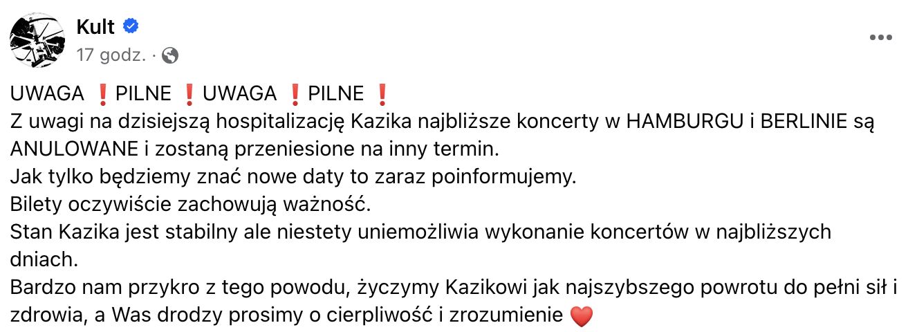 Kazik Staszewski trafił do szpitala