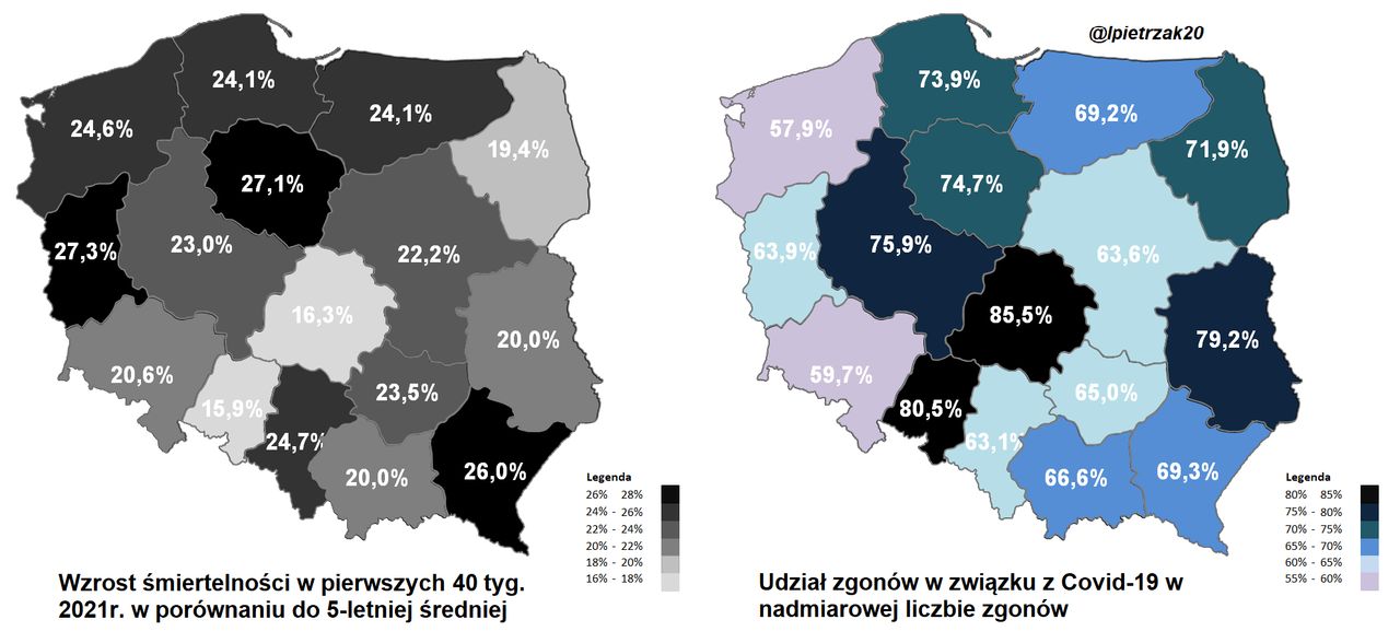 Dane o śmiertelności COVID-19 w regionach w 2021 roku