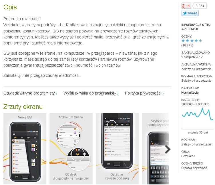 Karta z opisem aplikacji Gadu Gadu w Google Play