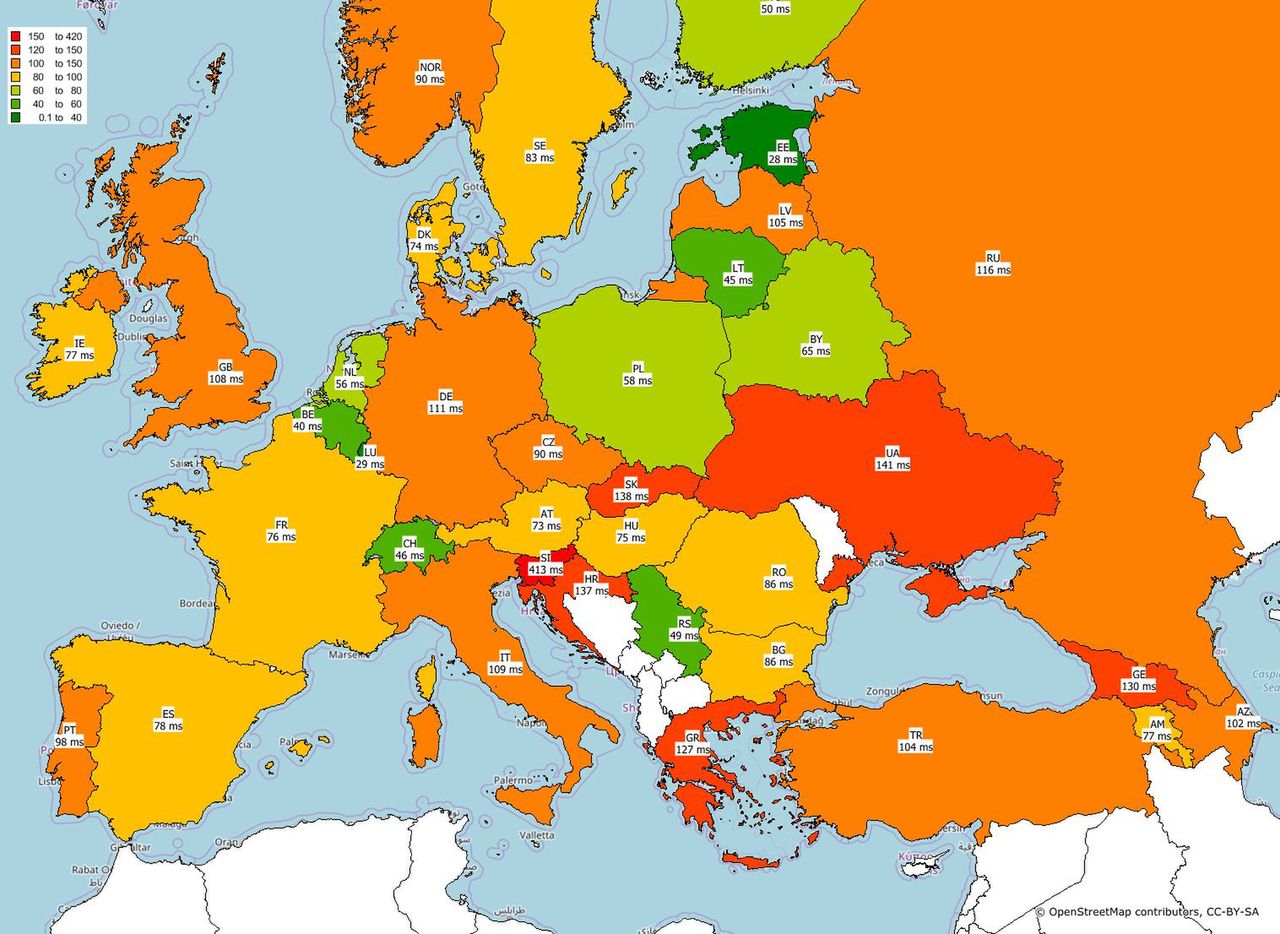 Porównanie jakości internetu w krajach europejskich w trzecim kwartale 2017 roku - średnia wartość ping