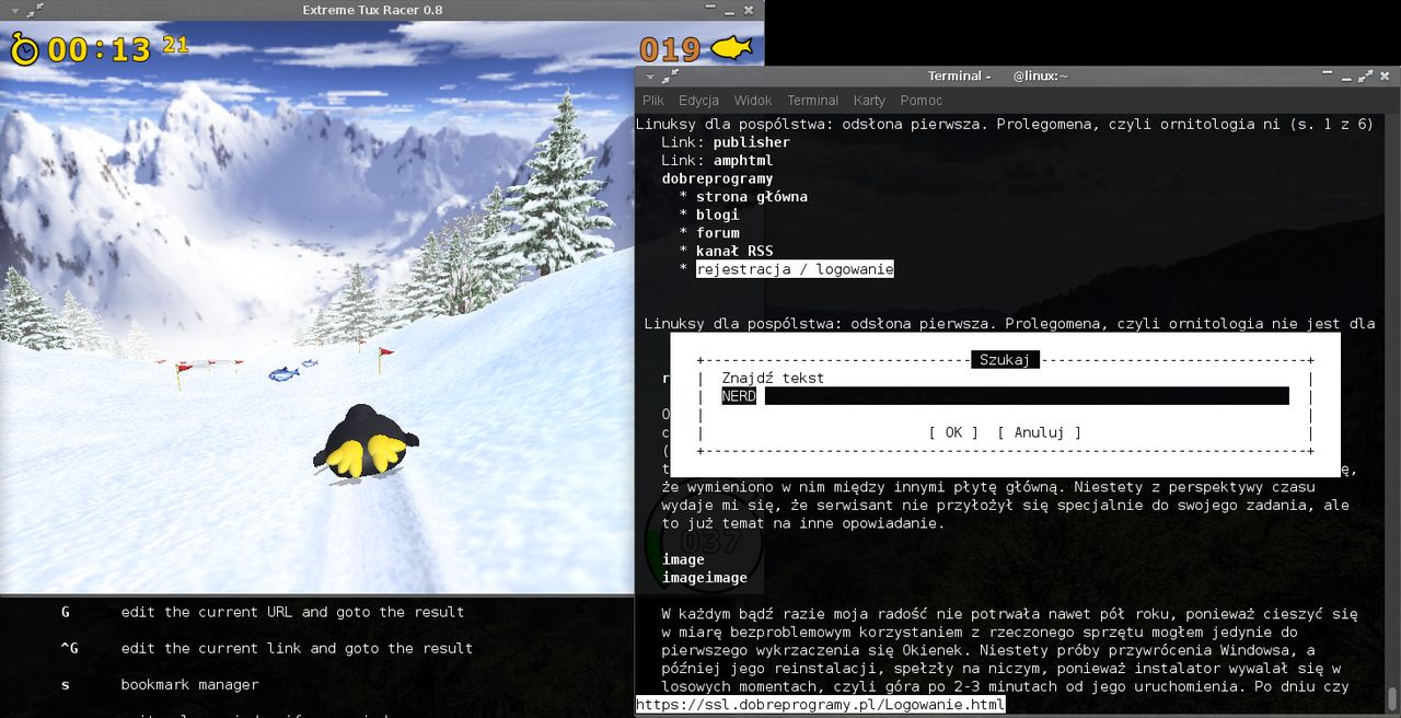 Typowy dzień linuksiarza: tuxracer i lektura dobrychprogramów