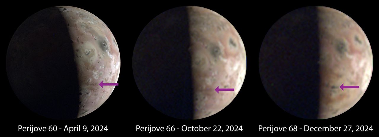 Images of Io taken in 2024 by the JunoCam camera aboard NASA's Juno probe show significant and visible surface changes (indicated by arrows) near the south pole of Jupiter's moon. /NASA/JPL-Caltech/SwRI/MSSS Image processing by Jason Perry/