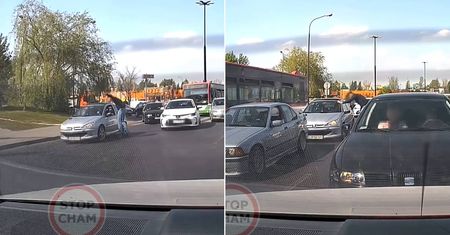 Agresywny kierowca toyoty. Skręcił z niewłaściwego pasa, wepchał się i jeszcze miał pretensję do innego kierowcy