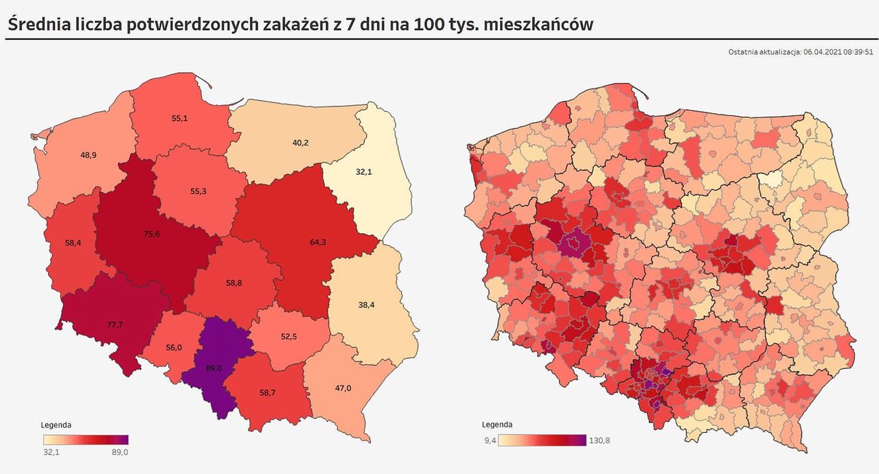 Koronawirus. Średnia liczba zakażeń z 7 dni na 100 tys. mieszkańców 