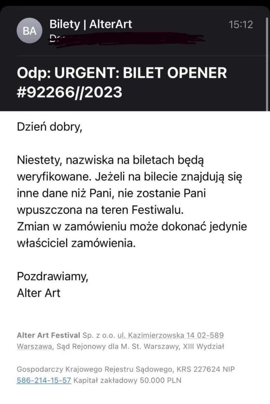 E-mail do organizatora Open'er Festival
