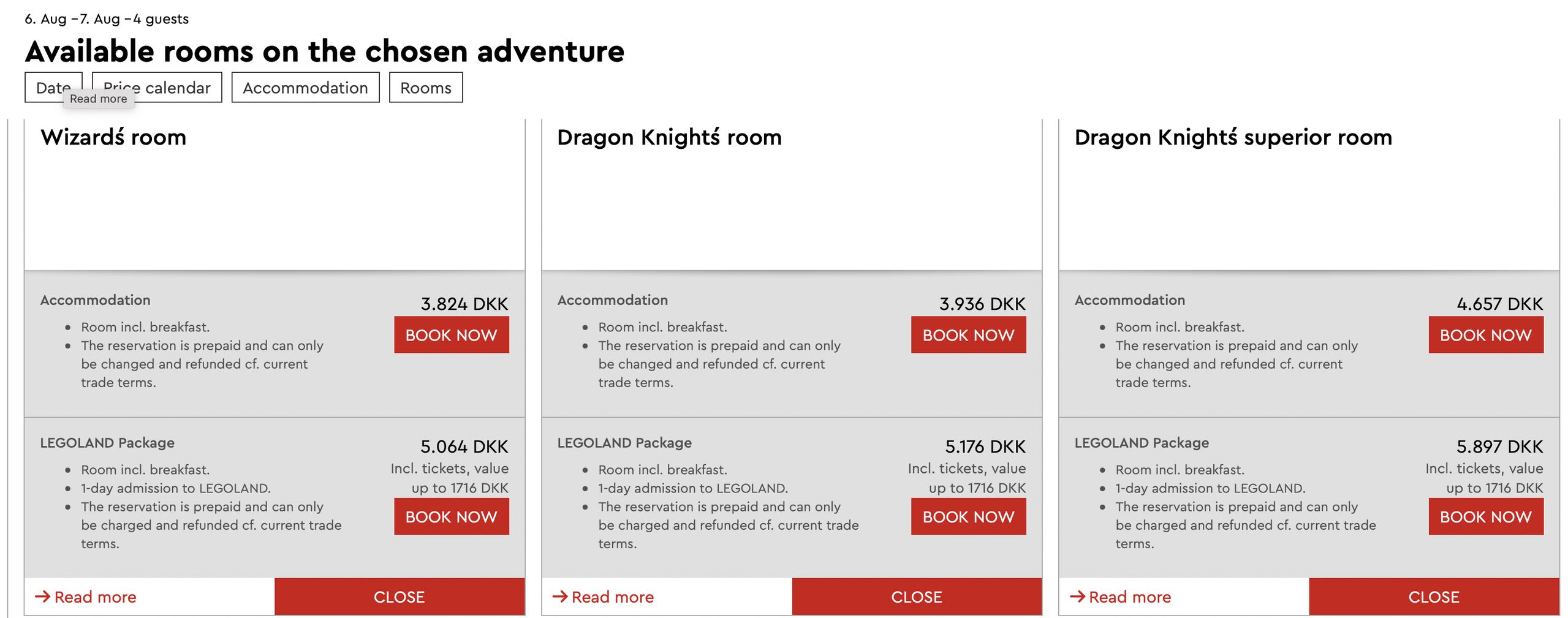 Ceny za pobyt w Legoland Castle Hotel w Billund w przykładowym terminie 6-7 sierpnia 2022 r. dla rodziny 2+2