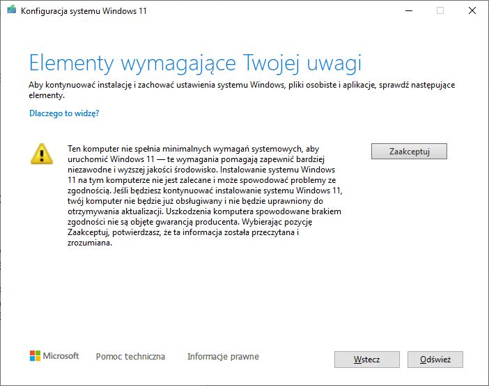 Windows 11 - ostrzeżenie podczas instalacji