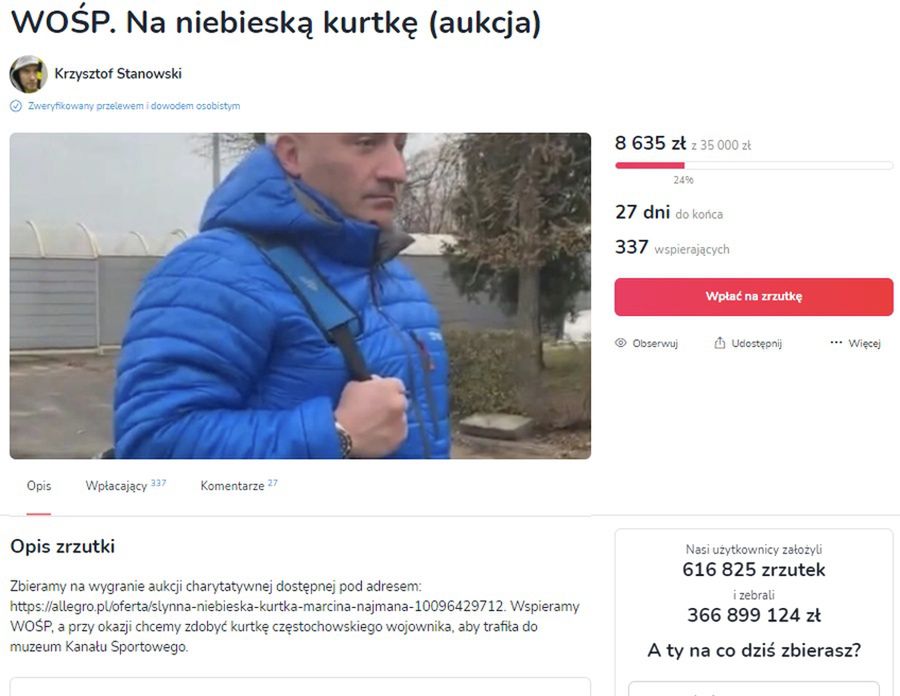 Krzysztof Stanowski zbiera pieniądze na zakup kurtki Marcina Najmana (zrzutka.pl)