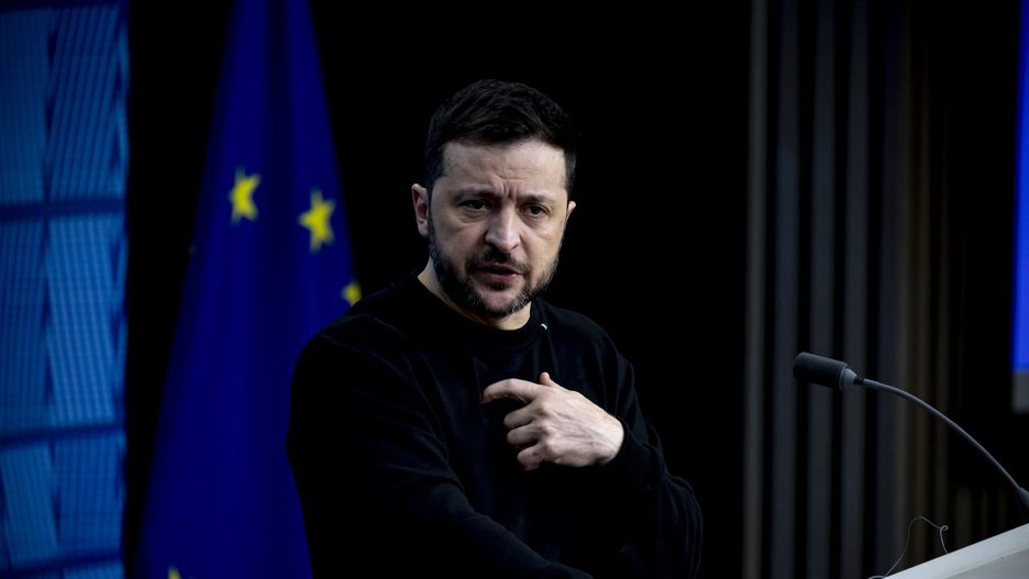 President of Ukraine Volodymyr Zelenskyy addresses a press conference during his visit at the European Council Summit, the EU leaders meeting at the headquarters of the European Union. The Ukrainian President responded to questions from journalists of international media, focusing on the relations with the USA, EU and President Trump for the future and peace in Ukraine. Brussels, Belgium on December 19, 2024  (Photo by Nicolas Economou/NurPhoto via Getty Images)