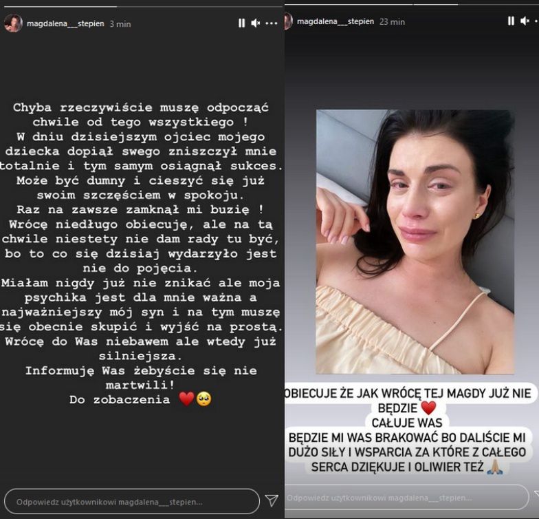 Magdalena Stępień płacze i zarzuca Jakubowi Rzeźniczakowi, że ją "zniszczył"