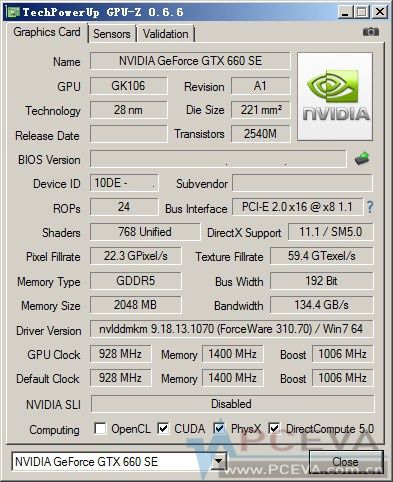 Nvidia GeForce GTX 660 SE karta graficzna specyfikacja GPU-Z zrzut ekranu